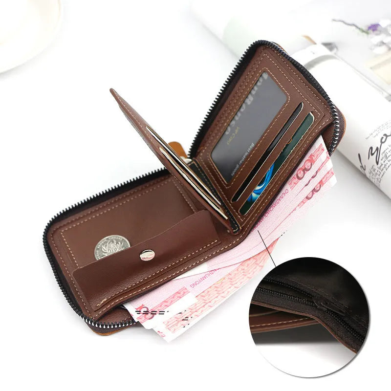 Men's short PU leather wallet with zipper coin purse, synthetic leather lining, available in black, dark brown or light brown