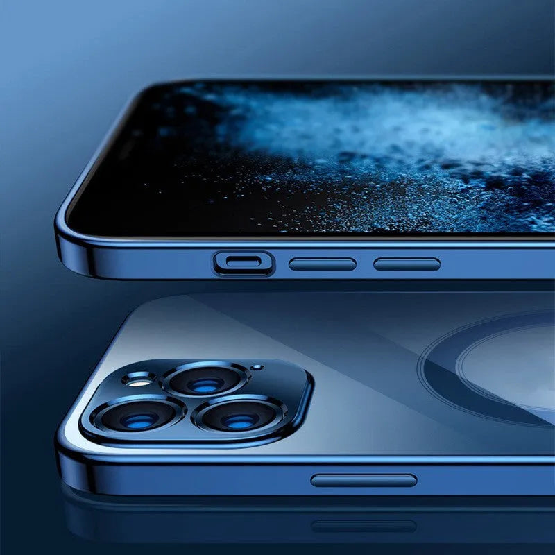 Magnetic charging iPhone case with plated frame in royal blue, black, red, gold, green, silver, or purple.