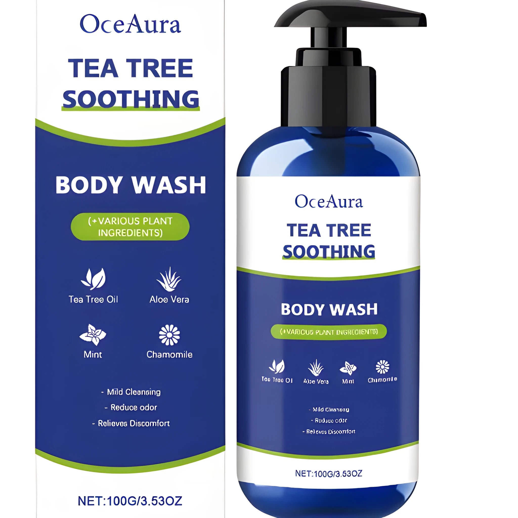 Tea Tree Soothing Shower Gel 100g with aloe vera mint and chamomile extracts in a white bottle