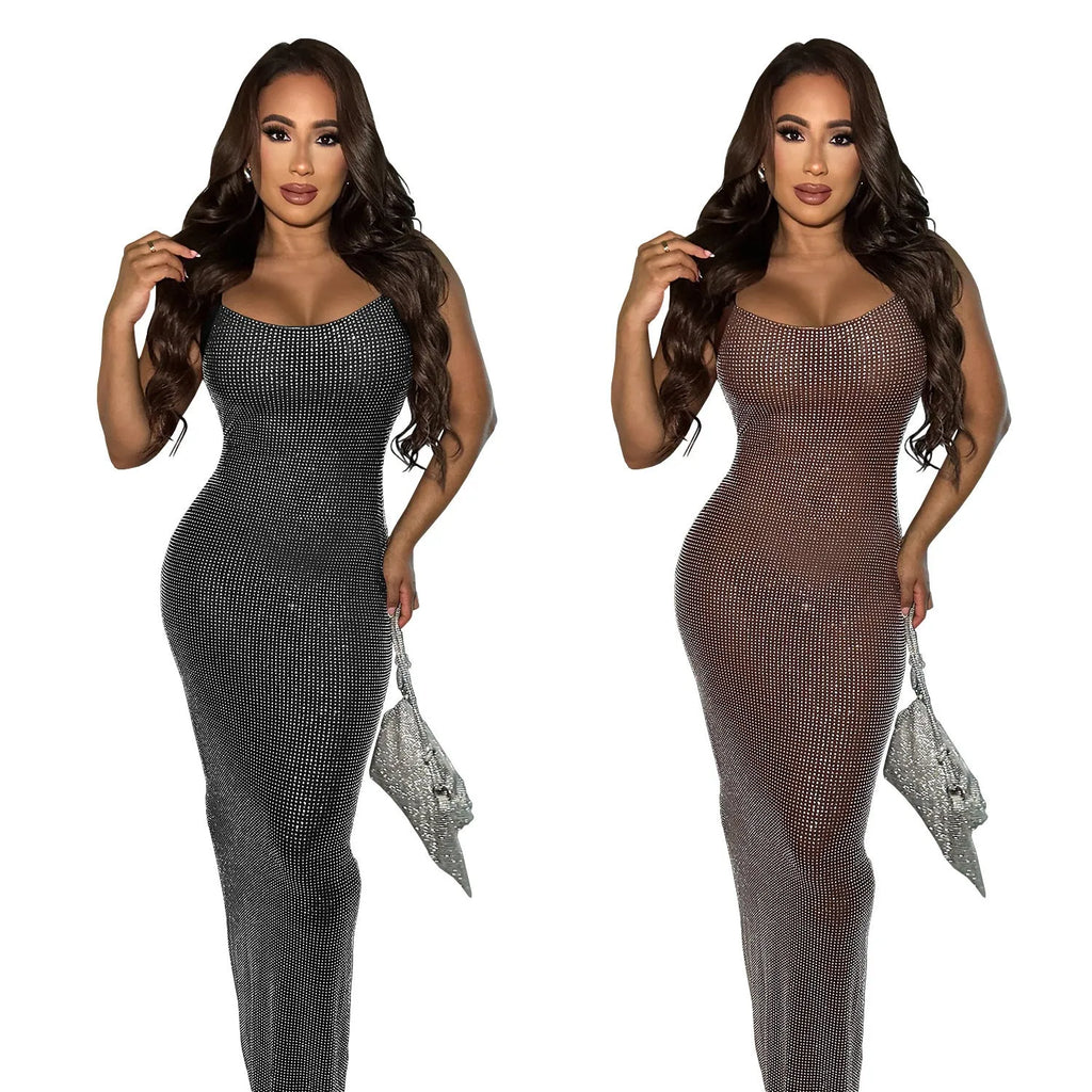 Wear Sexy mesh backless bodycon dress with hot drilling details, long skirt, black colour