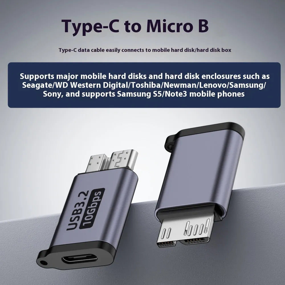 USB converter adapter showing Micro B connector with Type-C and USB interface options for data transfer and charging
