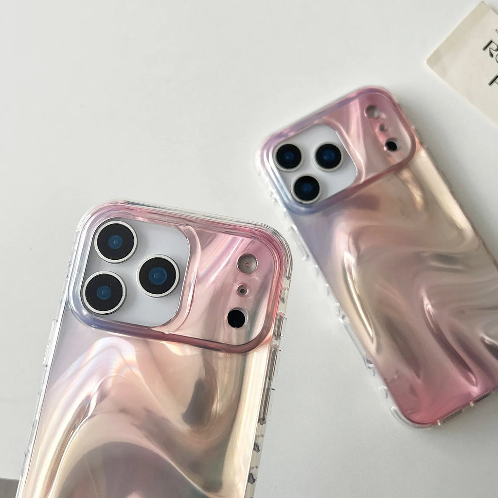Double shell iPhone case in IMD silver pink satin pattern with water ripple smudge design