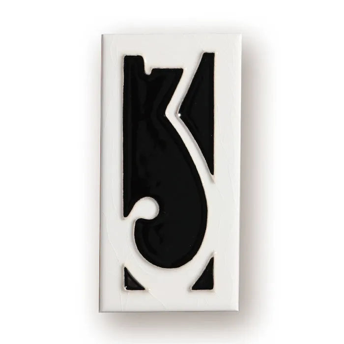 Handmade retro-style ceramic doorplate with an enamel art number on a white background.