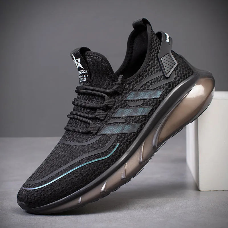 Men's breathable fly woven sports casual shoes with shock absorption, TPU sole, low heel, black colour, side view