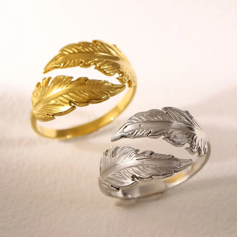Adjustable stainless steel feather ring showing electroplated finish in silver or gold colour option