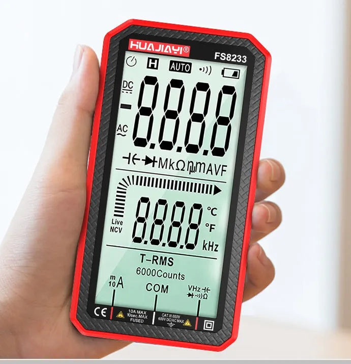 Large screen digital handheld multimeter showing measurement display with automatic functionality