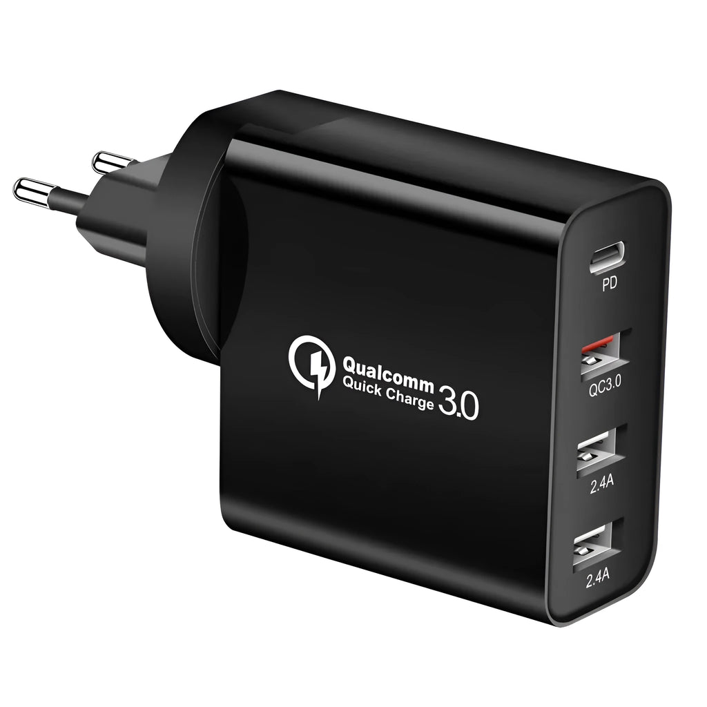 White multi-port USB fast charger with PD QC support on a table.