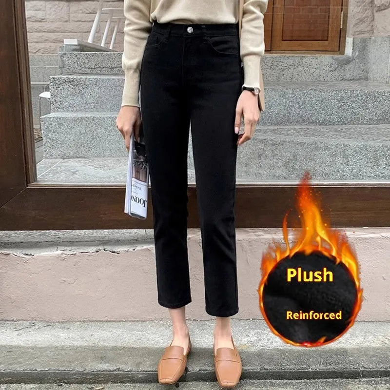 Black composite velvet straight leg pants with pockets for women commute style