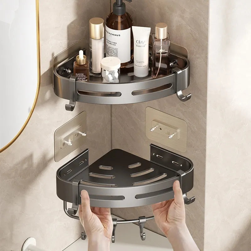 Gun grey triangular bathroom corner shelf with punch-free wall mounting system