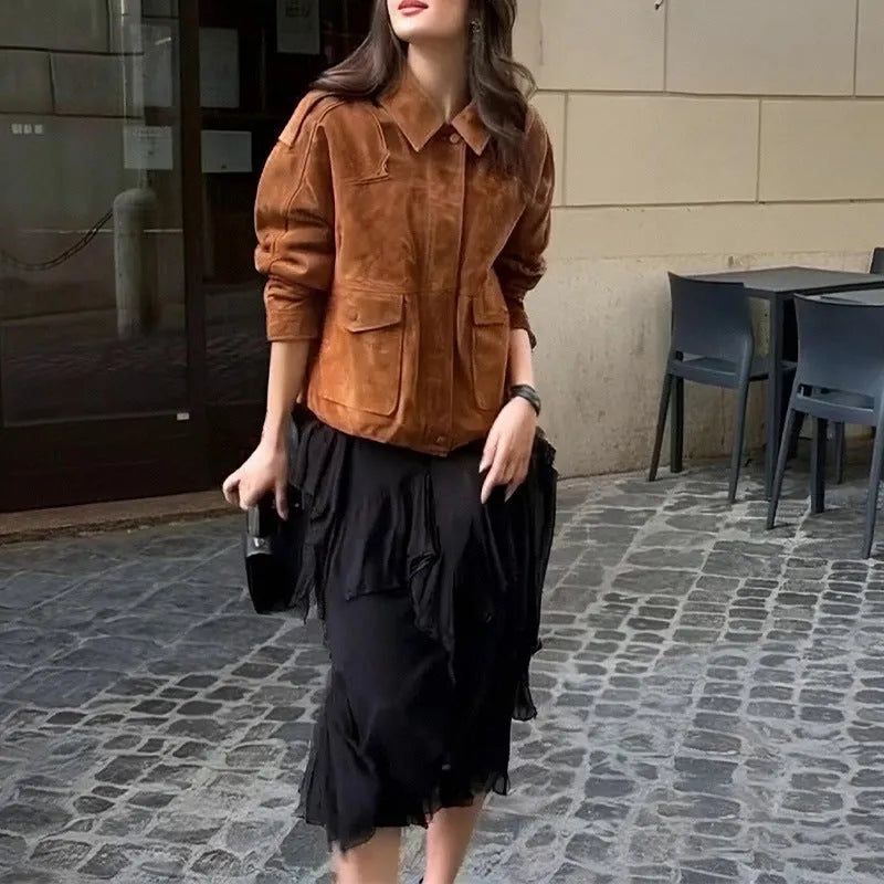Women's brown suede-style street chic coat with regular sleeves on a hanger
