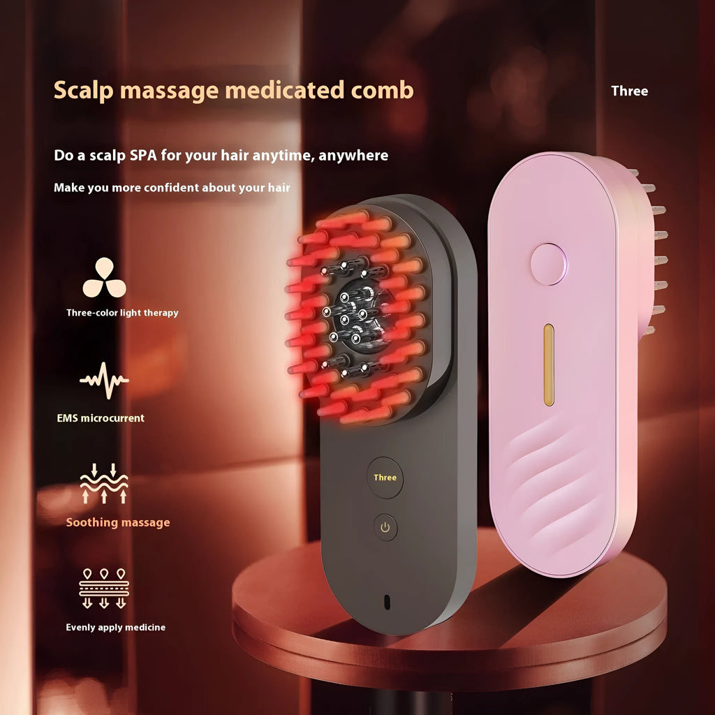 Smart massage comb with red light therapy in black or pink colours, less than 10cm size