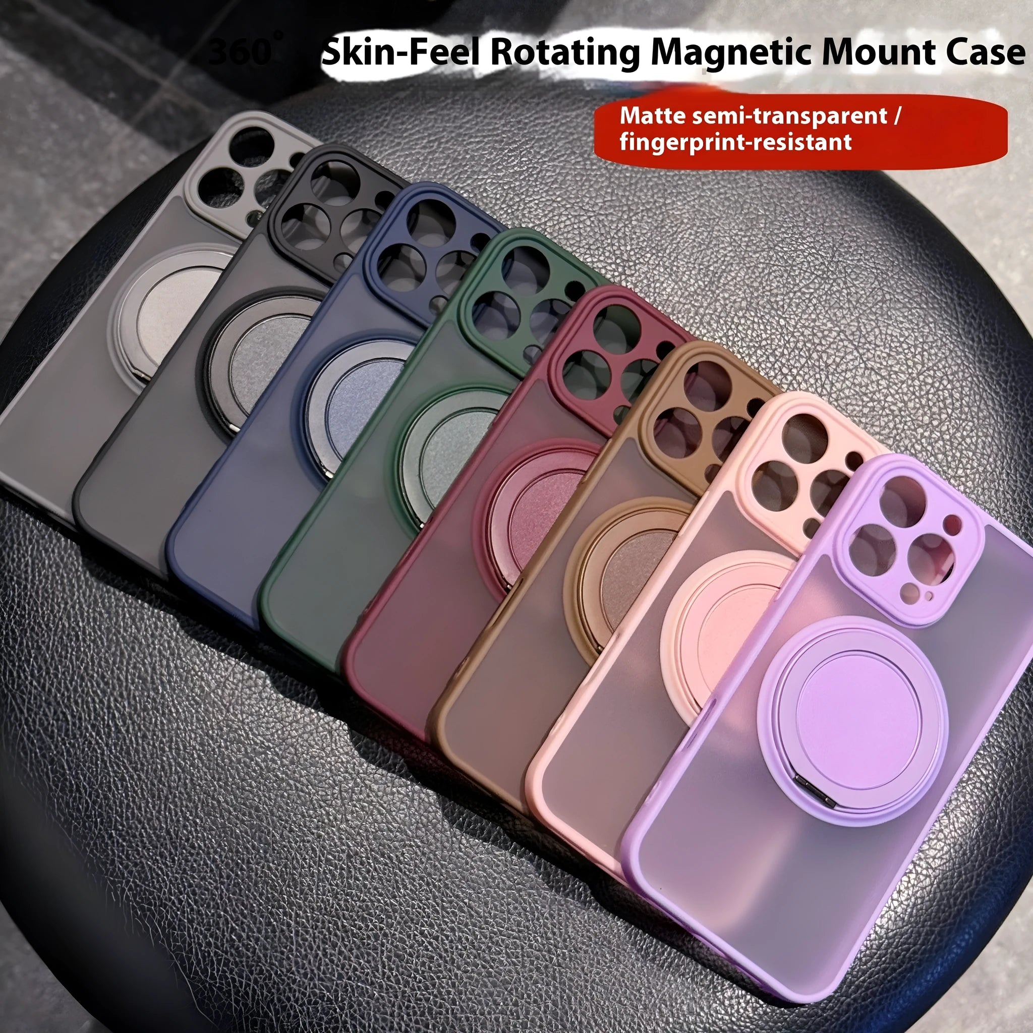 Black frosted phone case for iPhone 17 with a rotating kickstand extended and visible magnetic ring on the back.