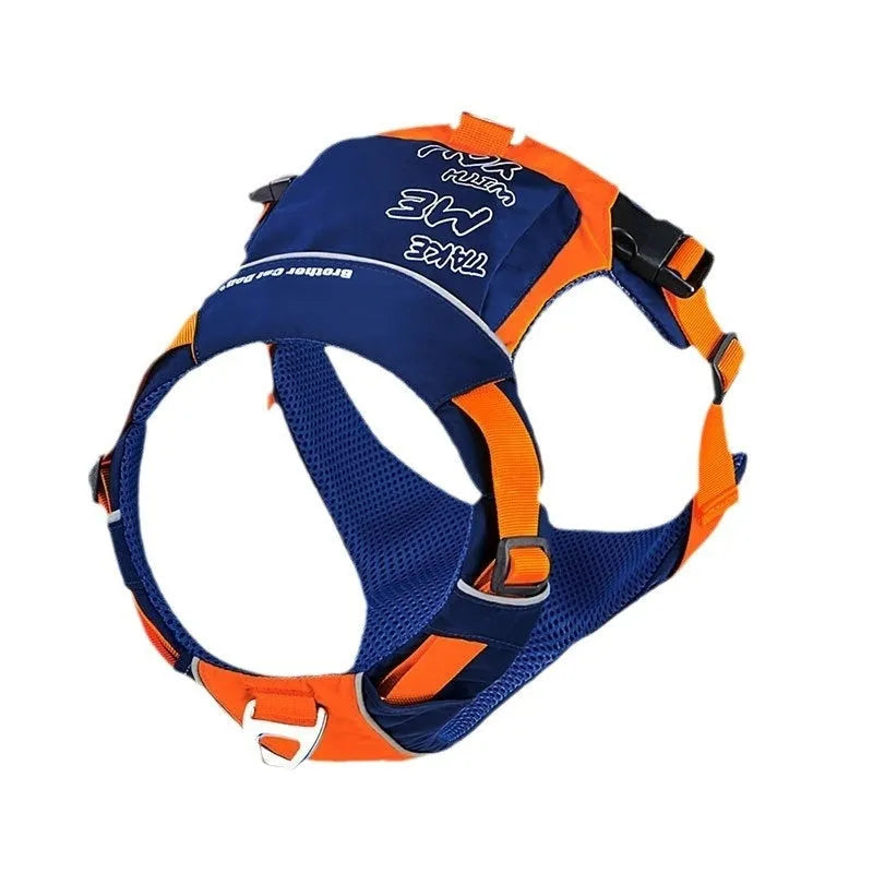 Orange blue nylon dog vest harness with hand rope attachment showing chest strap design