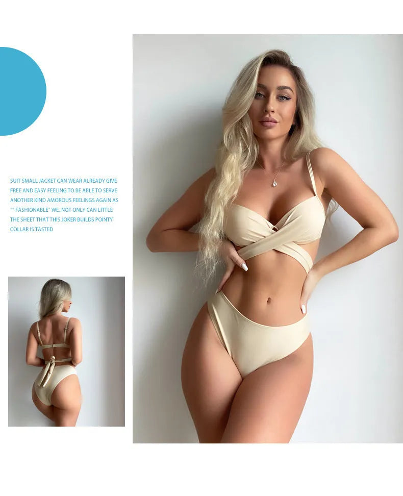 Creamy White three-piece backless push-up bikini set with matching skirt on a mannequin.