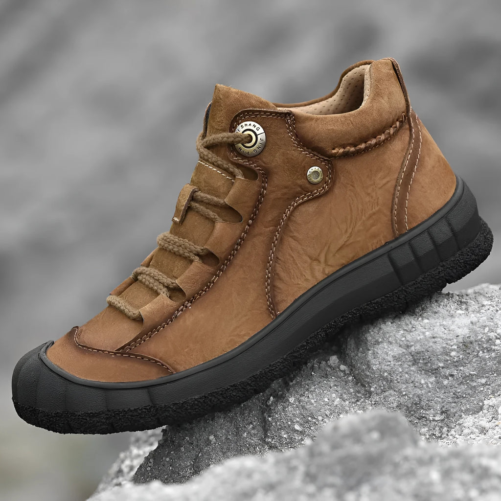 Genuine leather mid-top men's shoes in light brown with closed toe and low heel