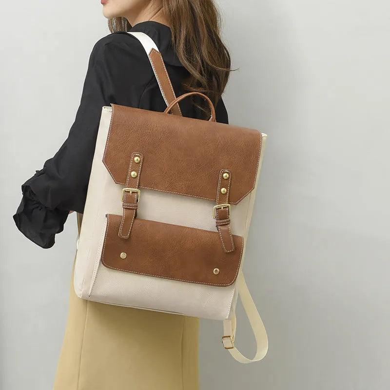 Korean style retro simple backpack in soft PU leather available in four neutral colours