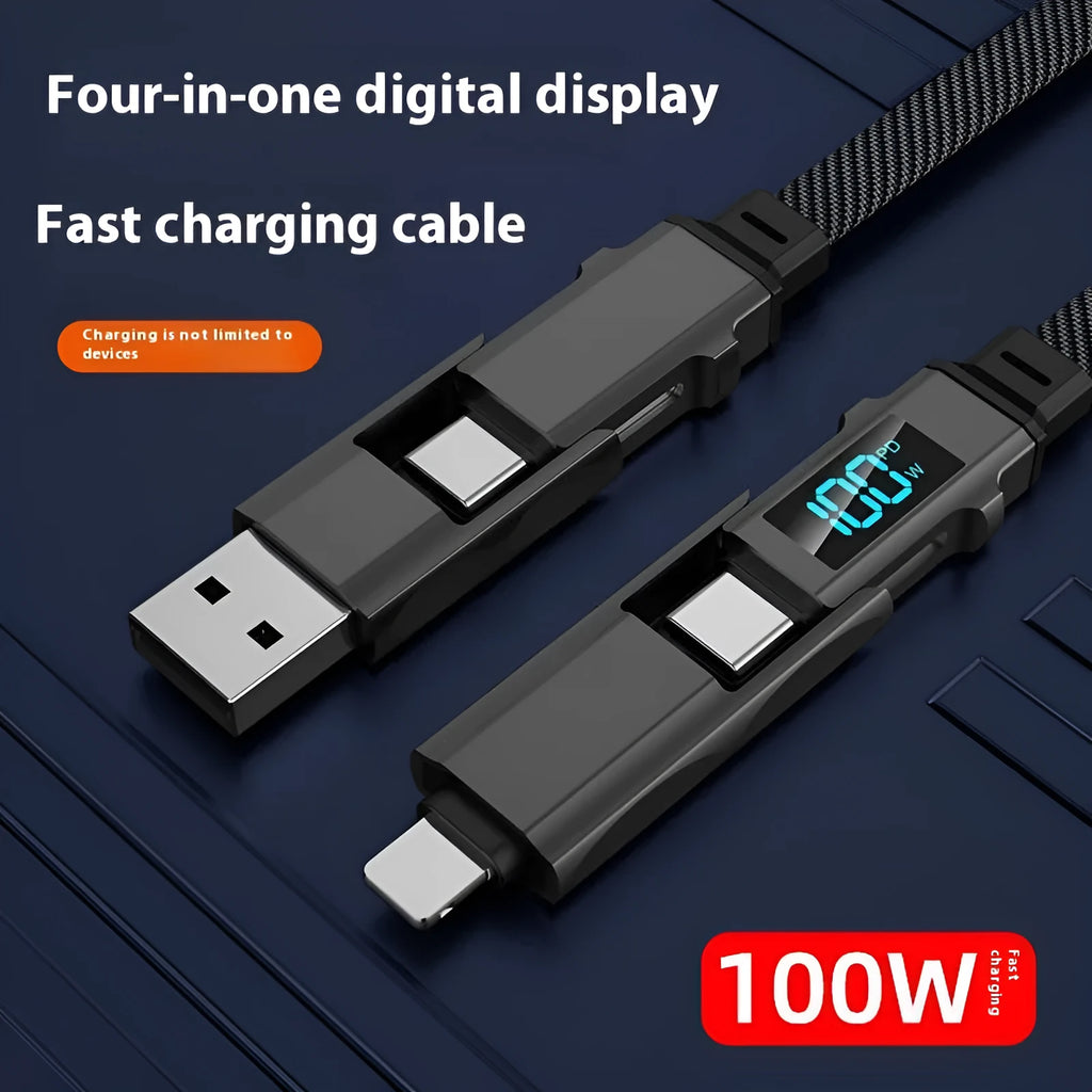 Digital display four-in-one charging cable with zinc alloy connectors, Lightning Micro USB TYPE-C, black, 2m