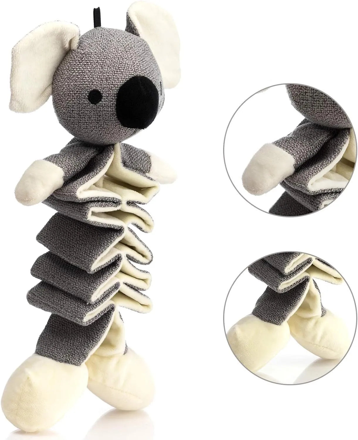 Hollypet grey koala plush dog toy measuring 30cm with squeaker and crinkle paper.