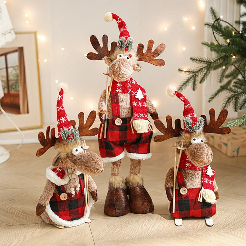 Cartoon plush elk decoration with retractable design in grey sled elk style, made from soft cloth for Christmas home décor.