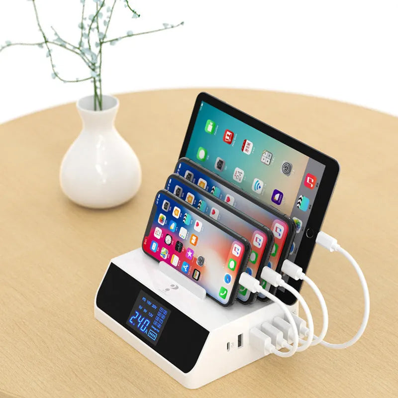 White smart display mobile phone charger bracket with PD multi-port and UK EU US adapters
