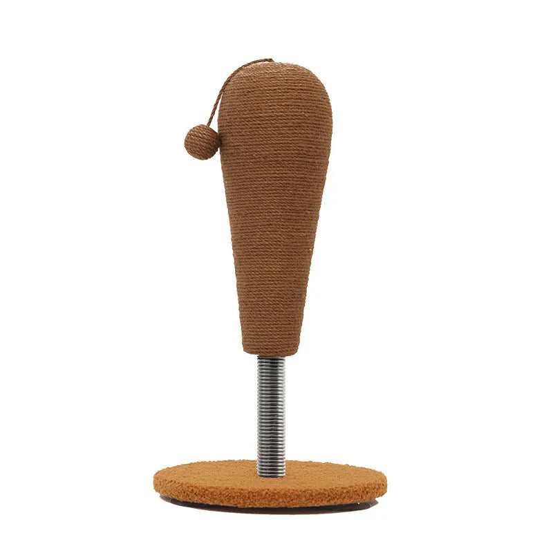 A cat scratch board made of coiled hemp rope with an attached wooden tumbler toy, shown in a simple, natural style.