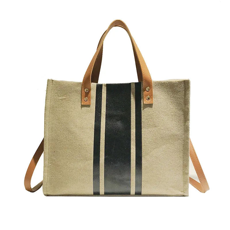Canvas business commuting tote bag for women, horizontal square shape, black and white geometric stripe pattern