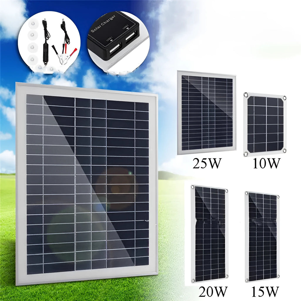 Portable solar charging panel with dual USB ports for outdoor phone and tablet charging.