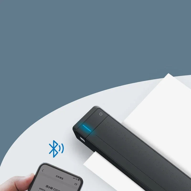 Black wireless Bluetooth A4 thermal printer, compact plastic body, USB Type-C, 198mm print width, 15mm/s speed