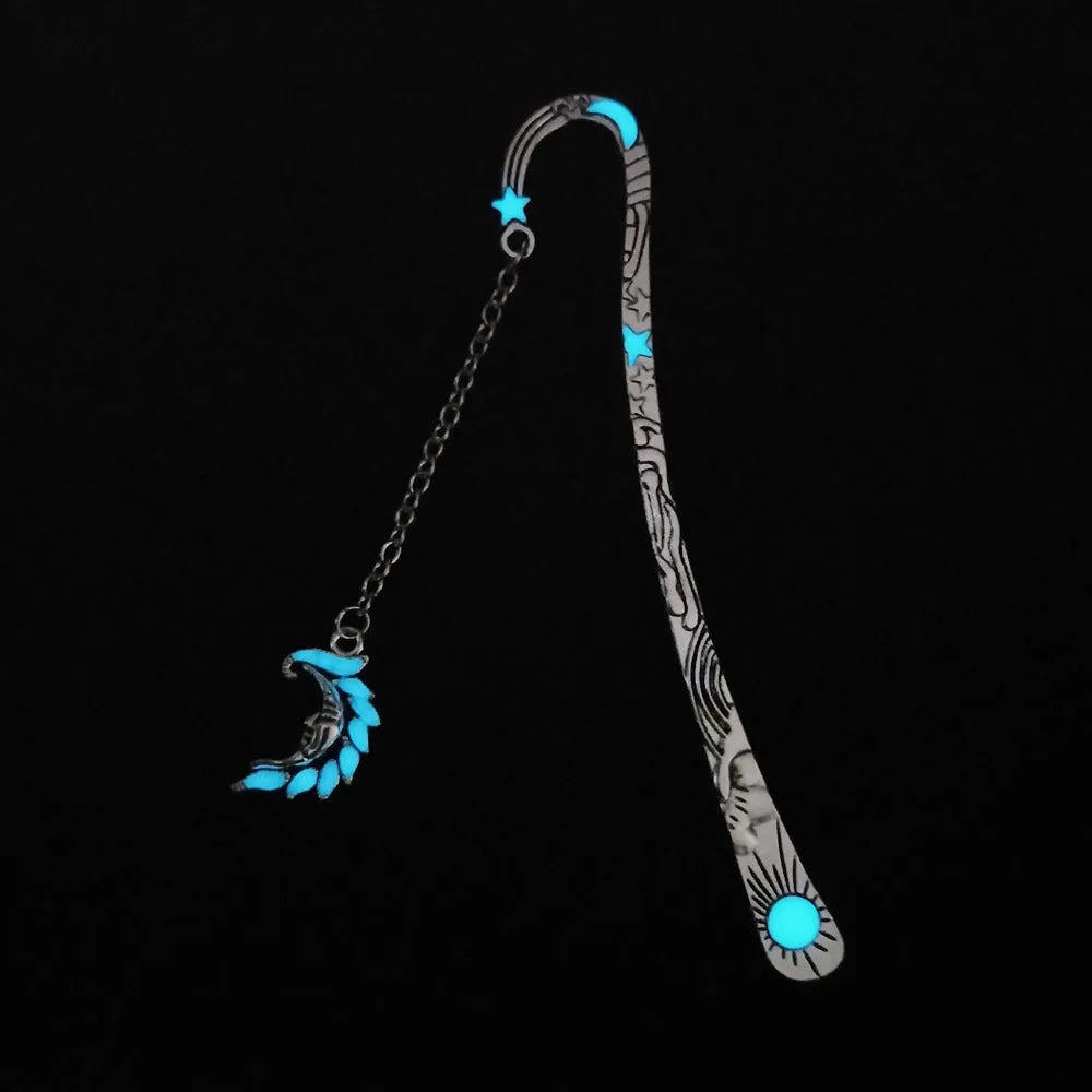Retro five-pointed star glowing metal bookmark with celestial sun moon star design and fluorescent finish