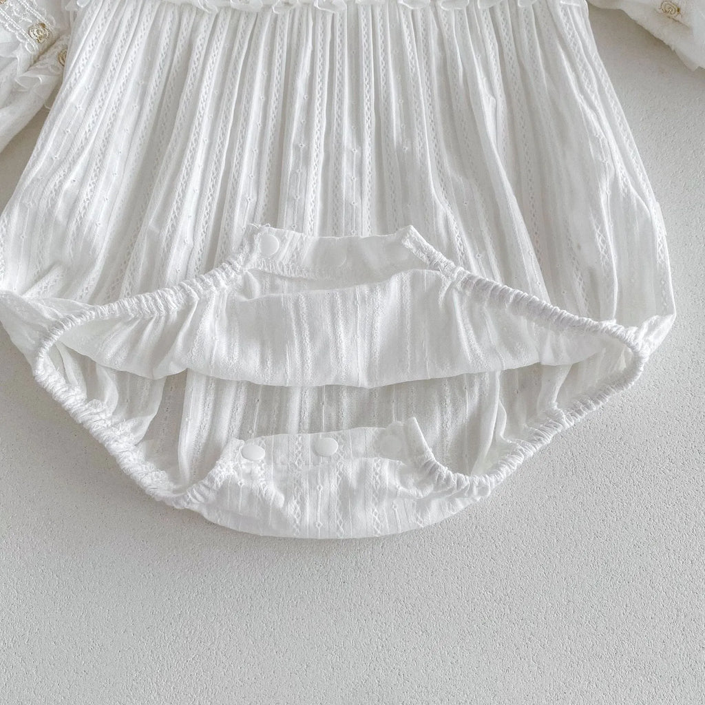 White infant Korean style cotton triangle jumpsuit romper with removable hood for girls