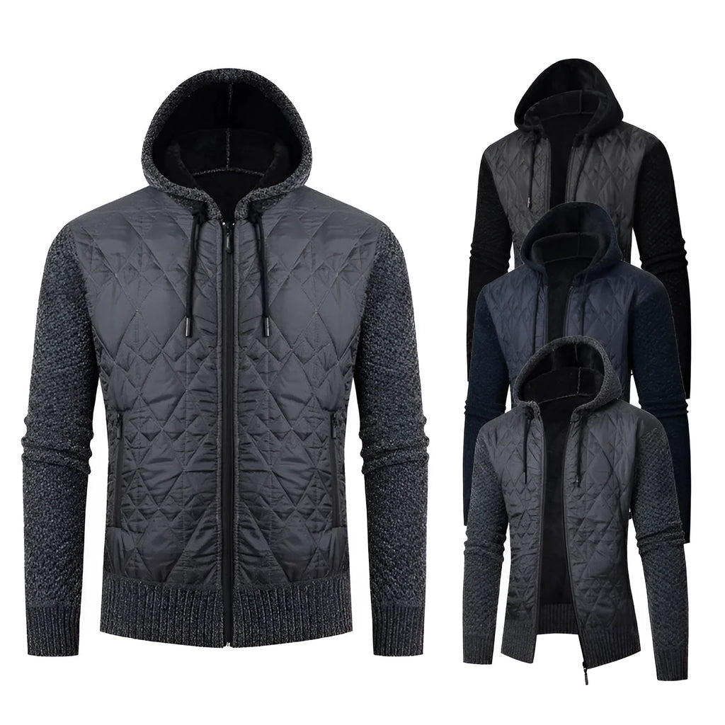 Men's grey hooded cardigan sweater coat made of wool and corduroy with a cinched waist.