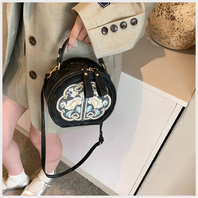 Chinese embroidery messenger bag in PU leather with square shape and adjustable shoulder strap