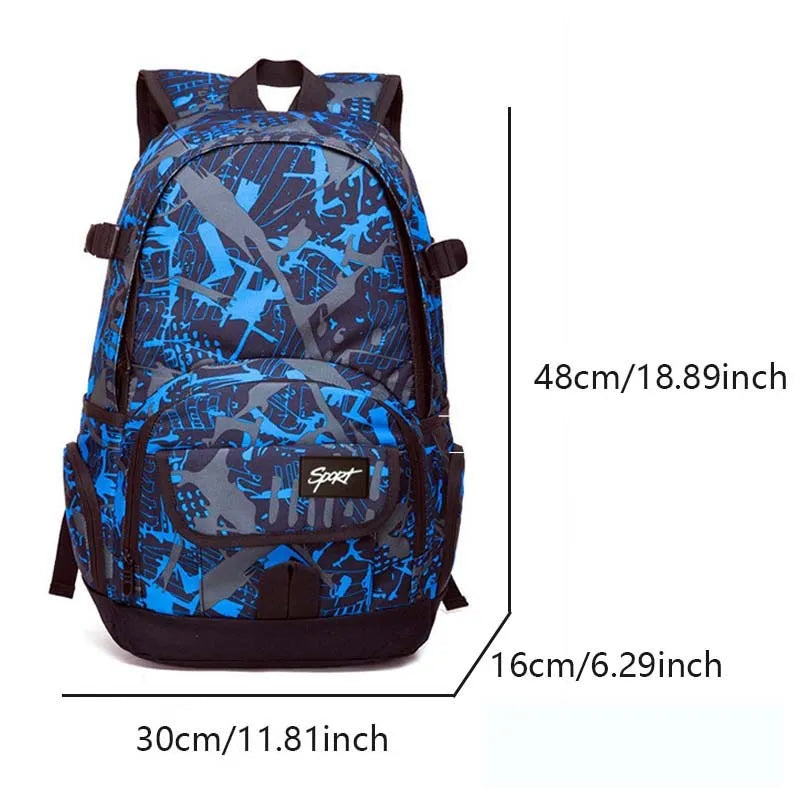 Blue and red classic nylon backpack with large main compartment for school and travel.