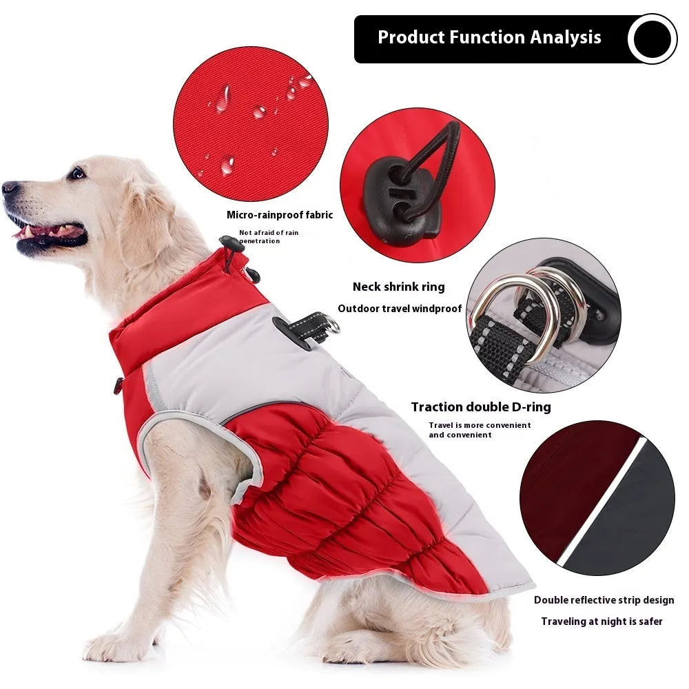 Cotton windproof winter coat for a medium or large dog in black, blue, red, or navy blue.