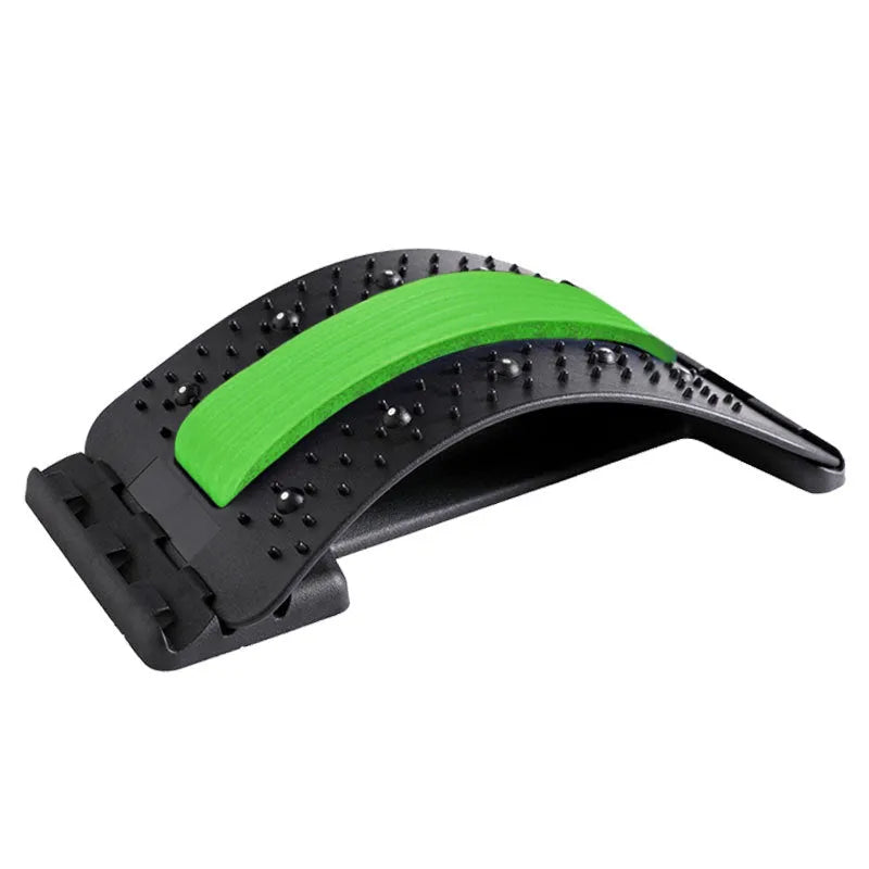 Adjustable back massager stretcher with magnetic therapy points on a black and purple background.