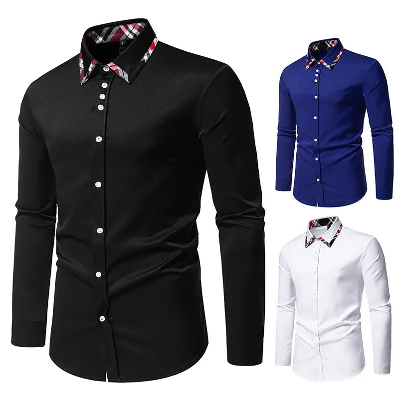 Men's blue plaid long sleeve shirt with a white triangle contrast collar laid flat.