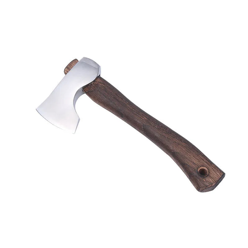 Camping axe with high carbon steel blade and wooden handle on a neutral background.