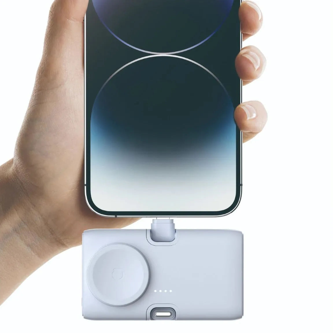 Compact white plastic wireless power bank showing front view with dimensions
