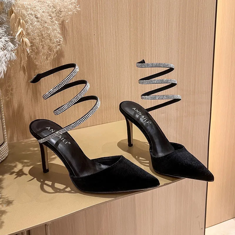 Women's pointed stiletto heel shoes in black velvet or white satin with 7cm or 9cm heel and ankle strap
