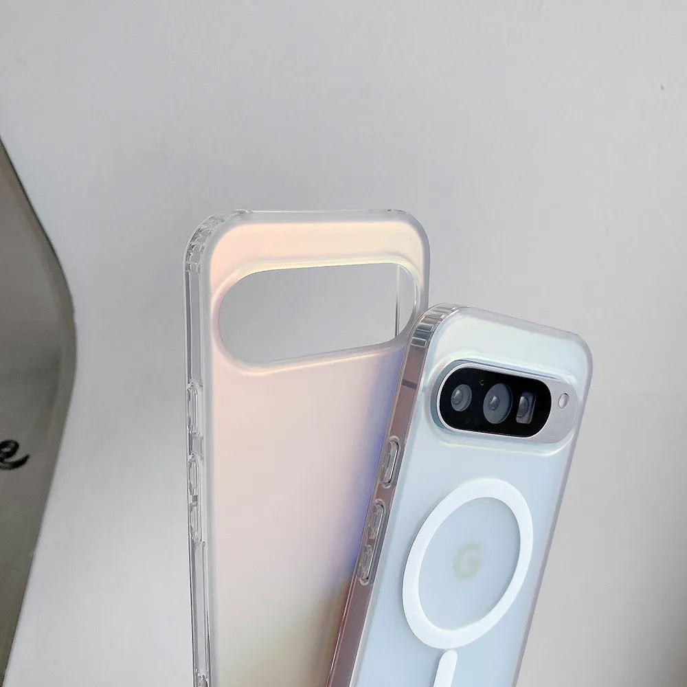 Colourful laser frosted matte phone case for Google Pixel smartphones on a table