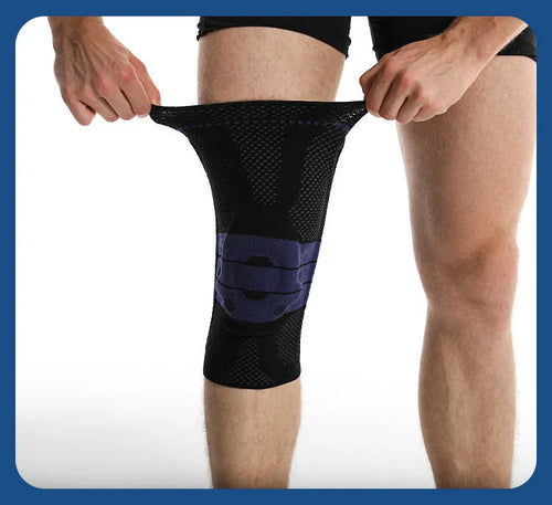 Adult sports knee pad in black and blue colour, made from nylon and spandex material.