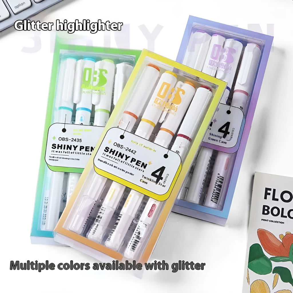Set of four glitter fluorescent highlighter pens with slanted tips in assorted colours.