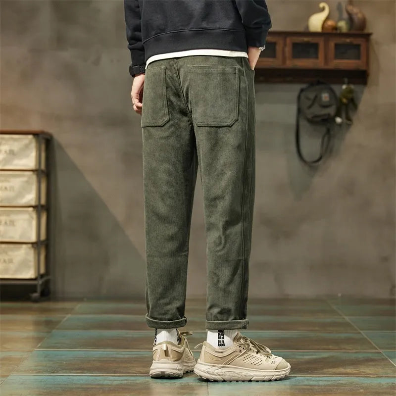 Men's tapered corduroy trousers in straight-leg cut available in multiple colours including Army Green and Black Plus Velvet Style
