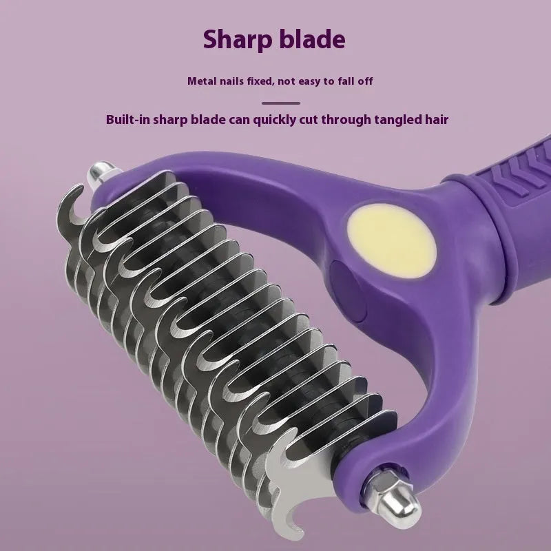Purple double-sided plastic pet comb with fine and wide teeth for grooming cats and dogs.