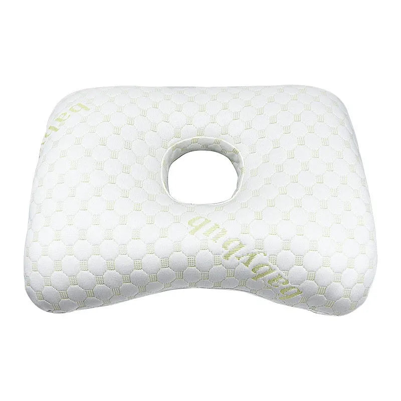 Beauty salon single hole ear pillow with detachable cover in grey, shown next to a towel.