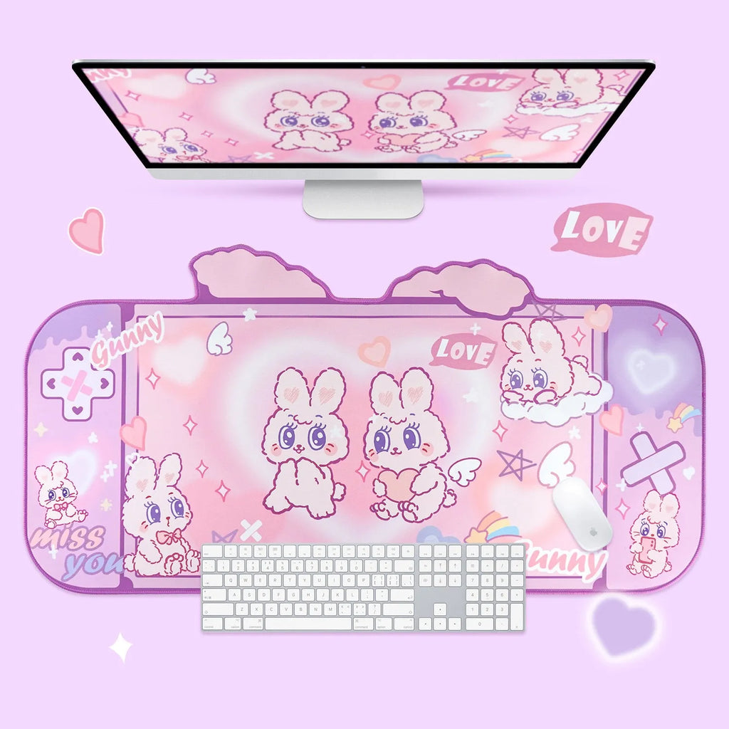 Fluffy rabbit oversized mouse pad, 73cm x 40cm, natural rubber, Japanese simple style, wrist support