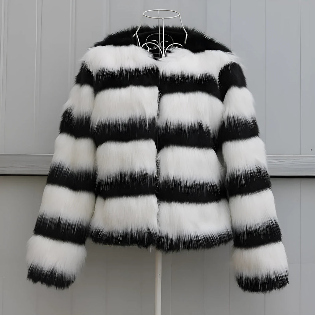 Women's black and white striped artificial fur leather jacket with regular sleeves