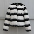 Women's black and white striped artificial fur leather jacket with regular sleeves