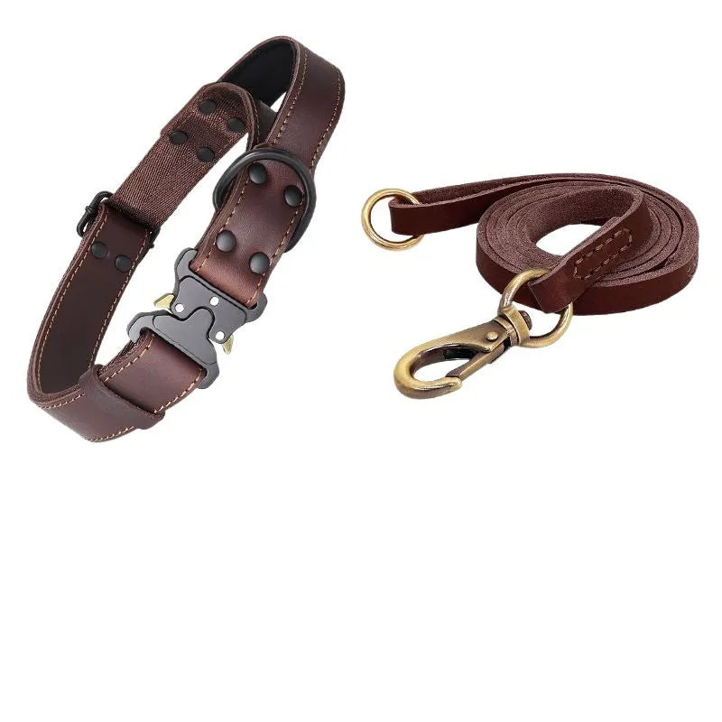 Black leather dog collar with explosion-proof lead for large breed dogs