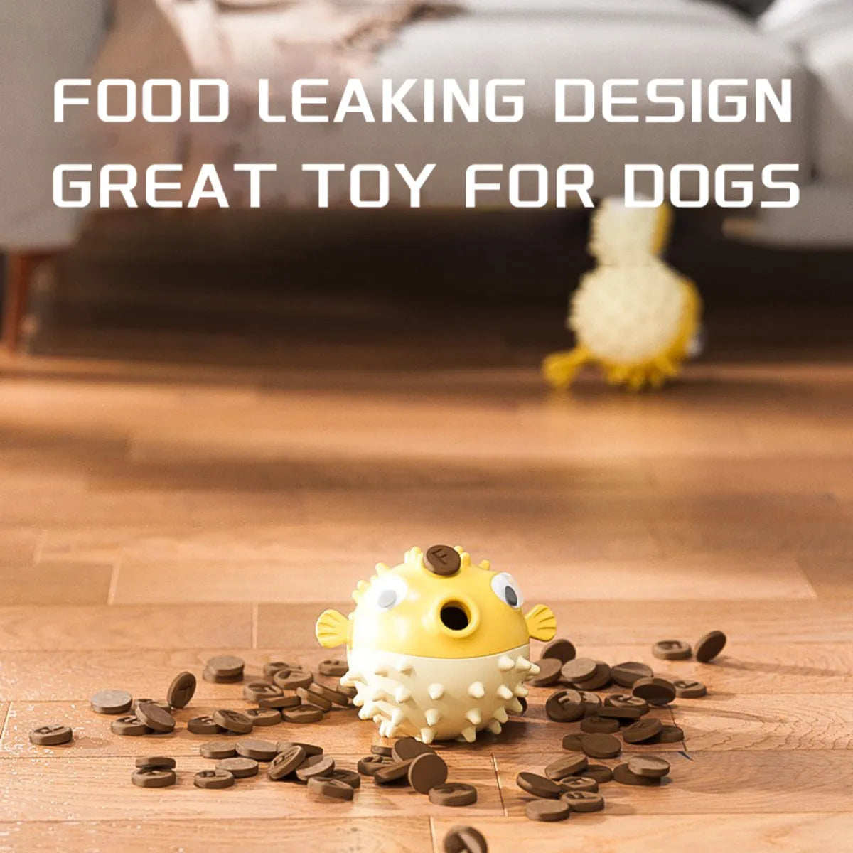 Yellow fish-shaped durable vinyl dog chew toy with textured surface for aggressive chewers.